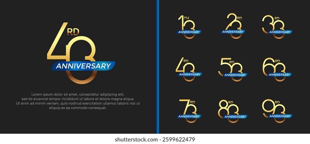 set of anniversary logo gold color and blue ribbon on black background for celebration moment