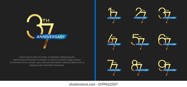 set of anniversary logo gold color and blue ribbon on black background for celebration moment
