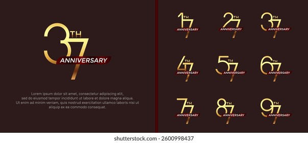 set of anniversary logo gold color and red ribbon on brown background for celebration moment
