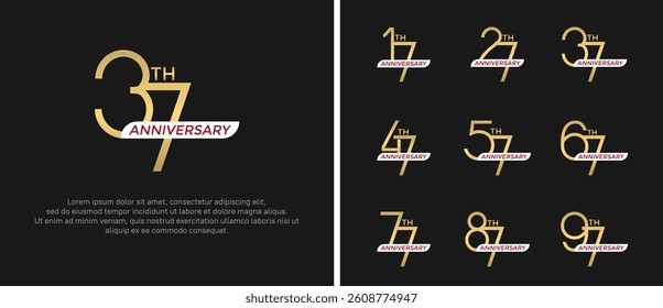 set of anniversary logo gold color and white ribbon on black background for celebration moment