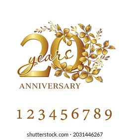 Set of anniversary logo in gold frame of flowers for holiday event, wedding, birthday, anniversary, greeting card and invitation.