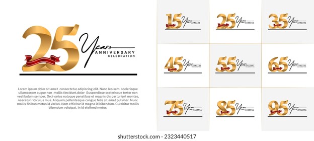 set of anniversary logo with gold number and red ribbon, handwriting text can be use for celebration