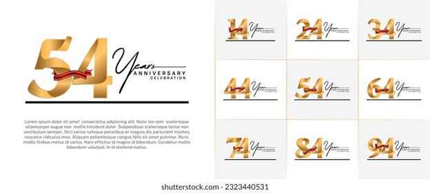 set of anniversary logo with gold number and red ribbon, handwriting text can be use for celebration