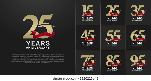 set of anniversary logo with gold number and red ribbon can be use for celebration