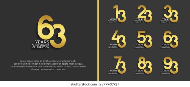 conjunto de logo de aniversario color dorado sobre fondo negro para momento de celebración