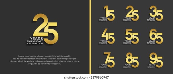 conjunto de logo de aniversario color dorado sobre fondo negro para momento de celebración