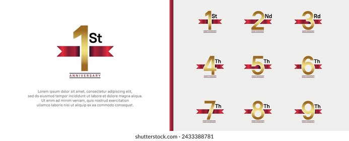 set of anniversary logo golden color number and red ribbon on white background for celebration