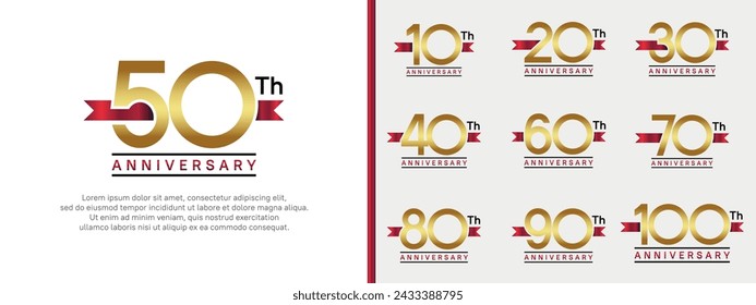 set of anniversary logo golden color number and red ribbon on white background for celebration