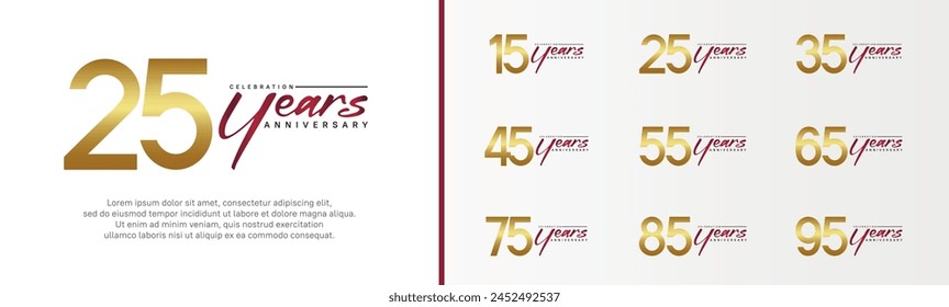 set of anniversary logo golden color number and red text on white background for celebration