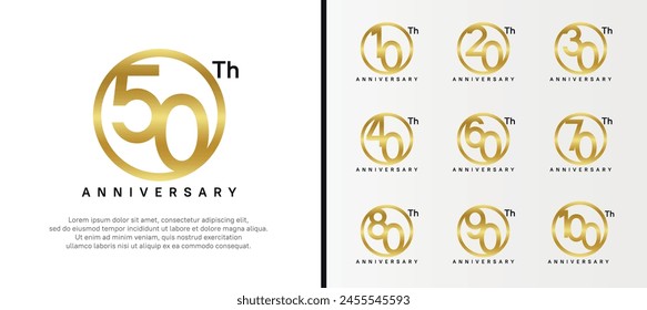 conjunto de logotipo de aniversario número de color dorado en círculo y texto negro sobre fondo blanco para la celebración