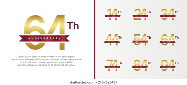 set of anniversary logo golden color number and red ribbon on white background for celebration