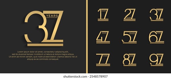 Conjunto de logotipo de aniversario de color dorado sobre fondo marrón para el momento de la celebración