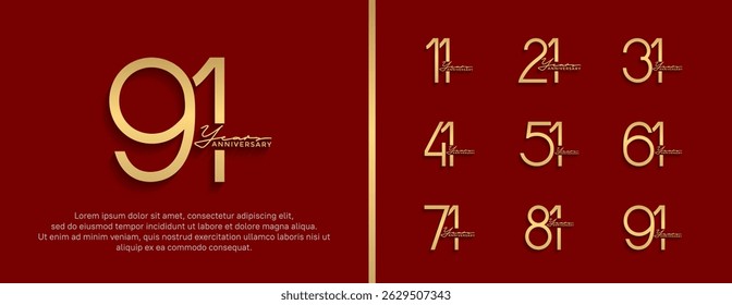 conjunto de cor dourada do logotipo do aniversário no fundo vermelho para o momento da celebração