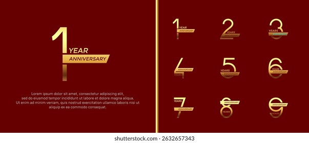 set of anniversary logo golden color and ribbon on red background for celebration moment