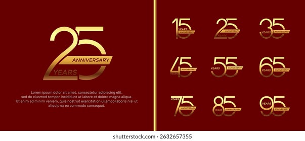 set of anniversary logo golden color and ribbon on red background for celebration moment