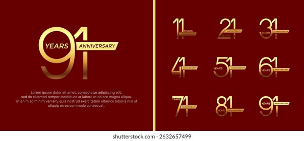 conjunto de cor dourada do logotipo do aniversário e fita no fundo vermelho para o momento da celebração