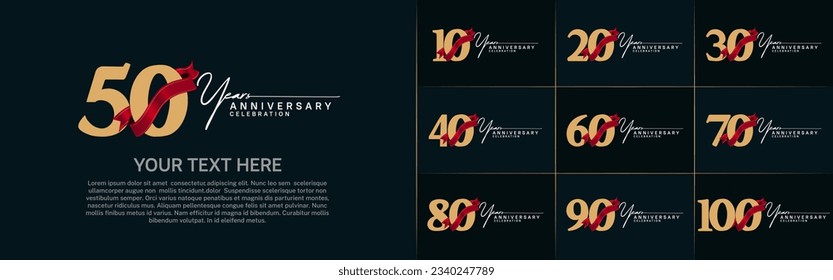 set of anniversary logo with golden number and red ribbon can be use for celebration