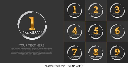 set of anniversary logo with golden number in silver circle can be use for celebration