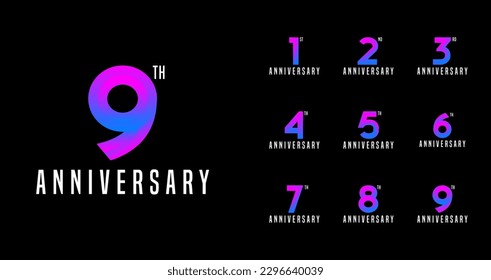 Set of anniversary logo with gradient color. Birthday number for party moment. Trendy and futuristic concept celebration year vector template