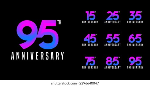 Conjunto de logotipo de aniversario con color degradado. Número de cumpleaños para el momento de la fiesta. Concepto moderno y futurista celebración de año plantilla vectorial