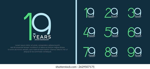 set of anniversary logo green and blue color on dark blue background for celebration moment
