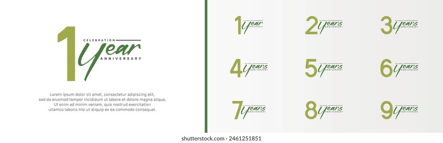 set of anniversary logo green color number and dark green text on white background for celebration