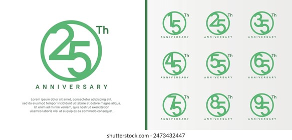 set of anniversary logo green color number in circle and dark green text on white background for celebration