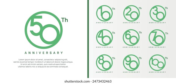 conjunto de logotipo de aniversario número de color verde en círculo y texto verde oscuro sobre fondo blanco para la celebración