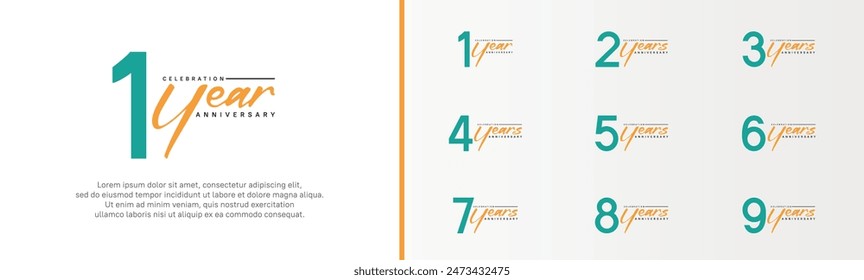 set of anniversary logo green color number and orange text on white background for celebration