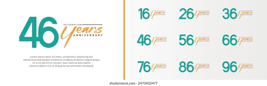 set of anniversary logo green color number and orange text on white background for celebration