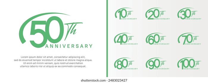 set of anniversary logo green color number and swoosh on white background for celebration