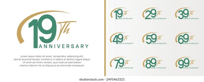 conjunto de logotipo de aniversario número de color verde y swoosh marrón sobre fondo blanco para la celebración