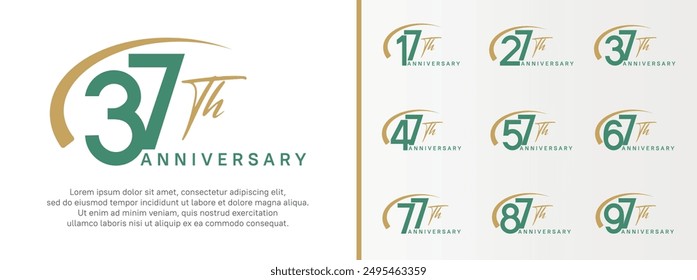 set of anniversary logo green color number and brown swoosh on white background for celebration