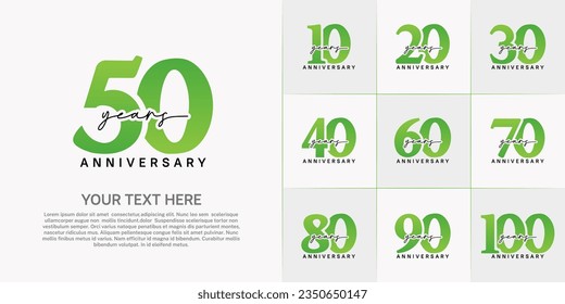 set of anniversary logo with green number and black handwriting text can be use for celebration