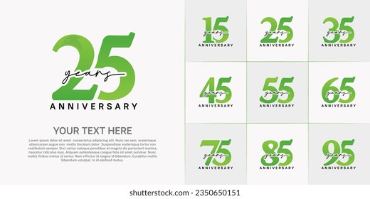 set of anniversary logo with green number and black handwriting text can be use for celebration