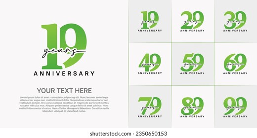 set of anniversary logo with green number and black handwriting text can be use for celebration