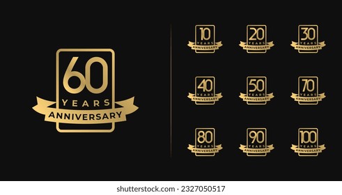 Set of anniversary logo with luxury style. 10, 20, 30, 40, 50, 60, 70, 80, 90, 100, birthday symbol collections. Celebration vector template