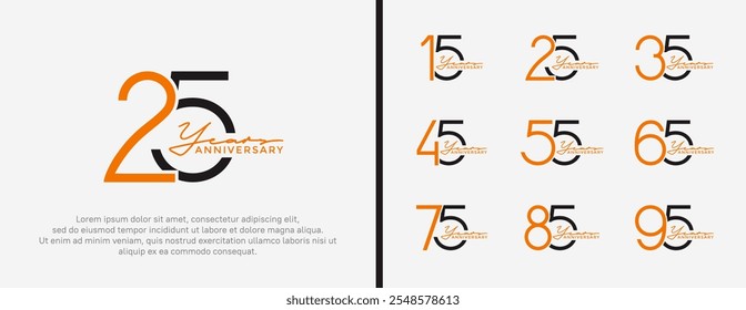 set of anniversary logo orange and black color on white background for celebration moment