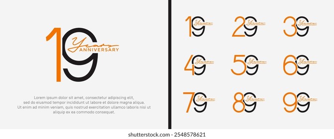 set of anniversary logo orange and black color on white background for celebration moment