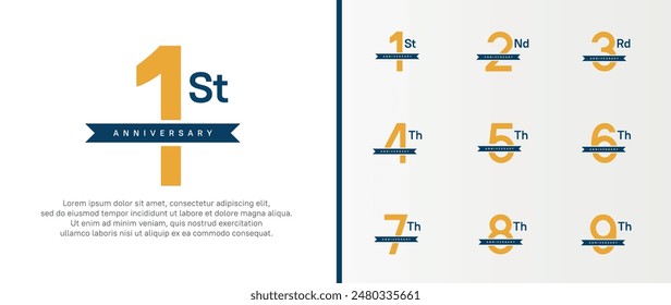 set of anniversary logo orange color number and blue ribbon on white background for celebration