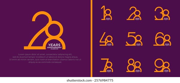 set of anniversary logo orange color on purple background for celebration moment