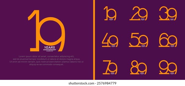 set of anniversary logo orange color on purple background for celebration moment