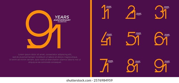 set of anniversary logo orange color on purple background for celebration moment