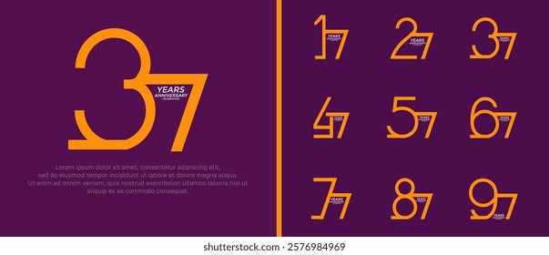 set of anniversary logo orange color on purple background for celebration moment