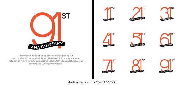 set of anniversary logo orange color and black ribbon on white background for celebration moment