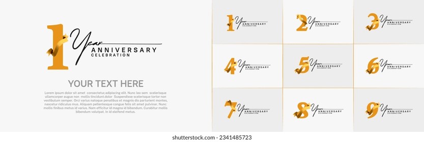 set of anniversary logo with orange number and golden ribbon can be use for celebration