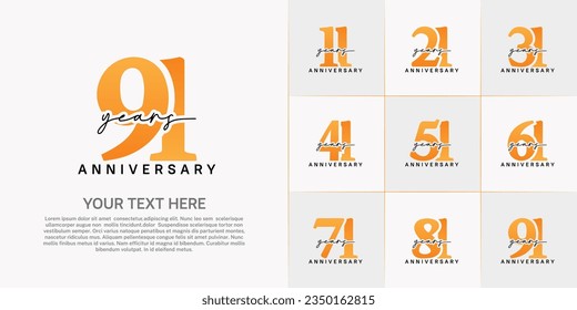 set of anniversary logo with orange number and black handwriting text can be use for celebration