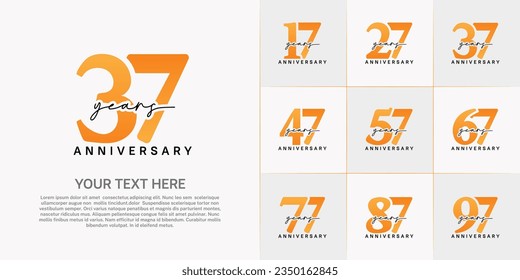 set of anniversary logo with orange number and black handwriting text can be use for celebration