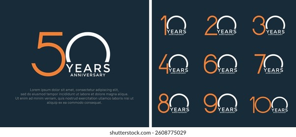 set of anniversary logo orange and white color on dark blue background for celebration moment