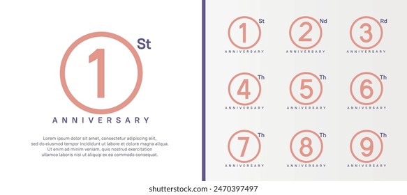 set of anniversary logo pink color number in circle and purple text on white background for celebration